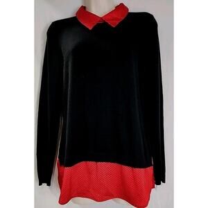 Adrianna Papell Size M Layered Black Sweater Red Polka Dot Shirt Combo Preppy